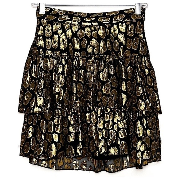 ALICE + OLIVIA Silk Metallic Shimmer Leopard Jacquard Ruffle Tier Mini Skirt 0 - Picture 4 of 9